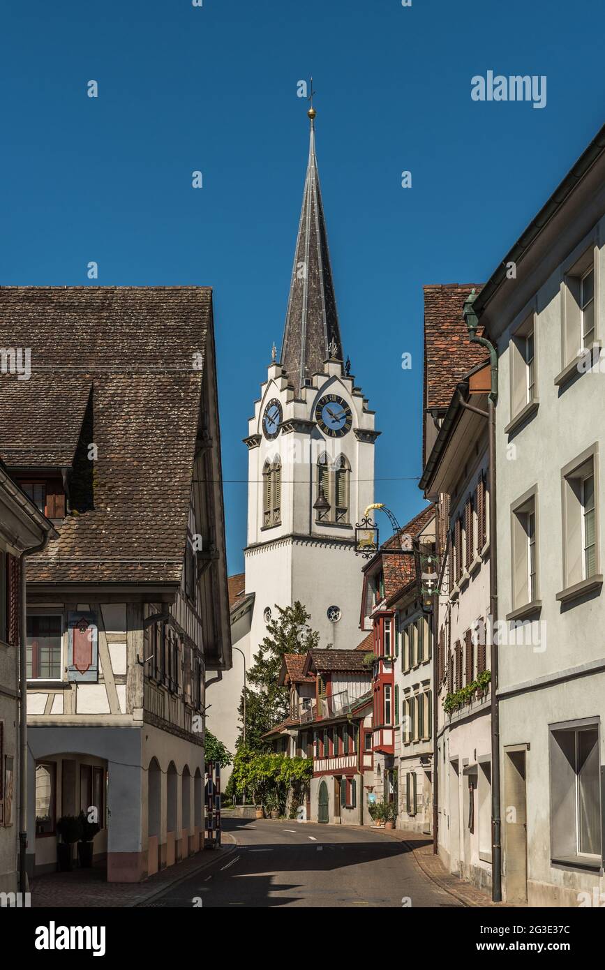 Old town of Berlingen with Protestant church, Lake Constance, Canton