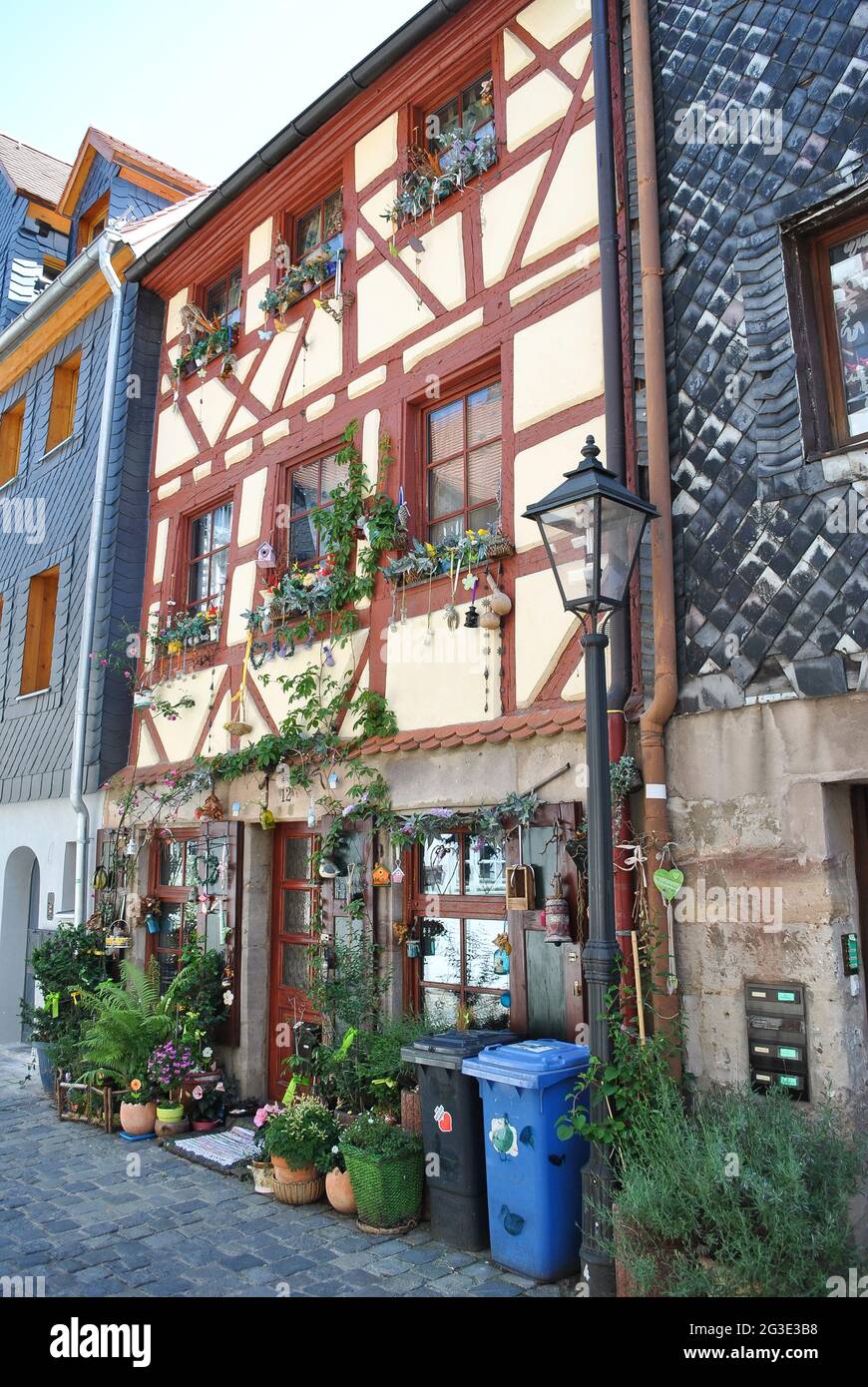 The facade of the old building is braided by curly green plants and a ...