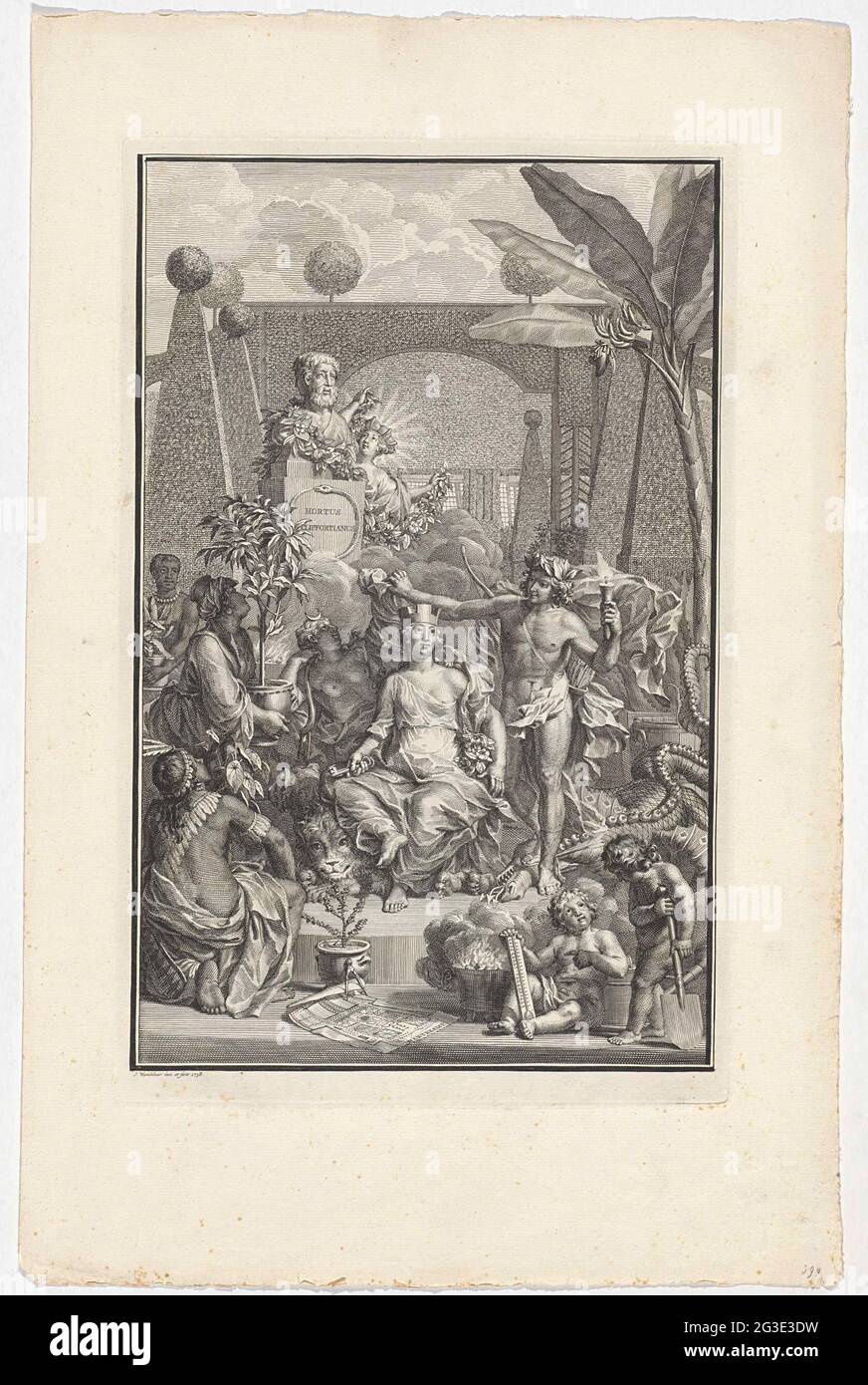 Various allegorical figures in the Garden of George Clifford; Title page for: C. Linnaeus, Hortus Cliffortianus, 1738. Allegorical title page with the 'Earthother' Cybele in the middle, seated on a lion and a lioness, with the keys to the garden in her hand. To her feet a pot with cliffortia ilicifolia and a map of the Hartekamp garden. On the left, an African woman offers her an aloe from Africa, a woman with a turban brings her a plant from the Coffea Arabica from Asia and an Indian offers Hernandia from America. On a pedestal on which the title in Latin, a bust of George Clifford (?). On th Stock Photo