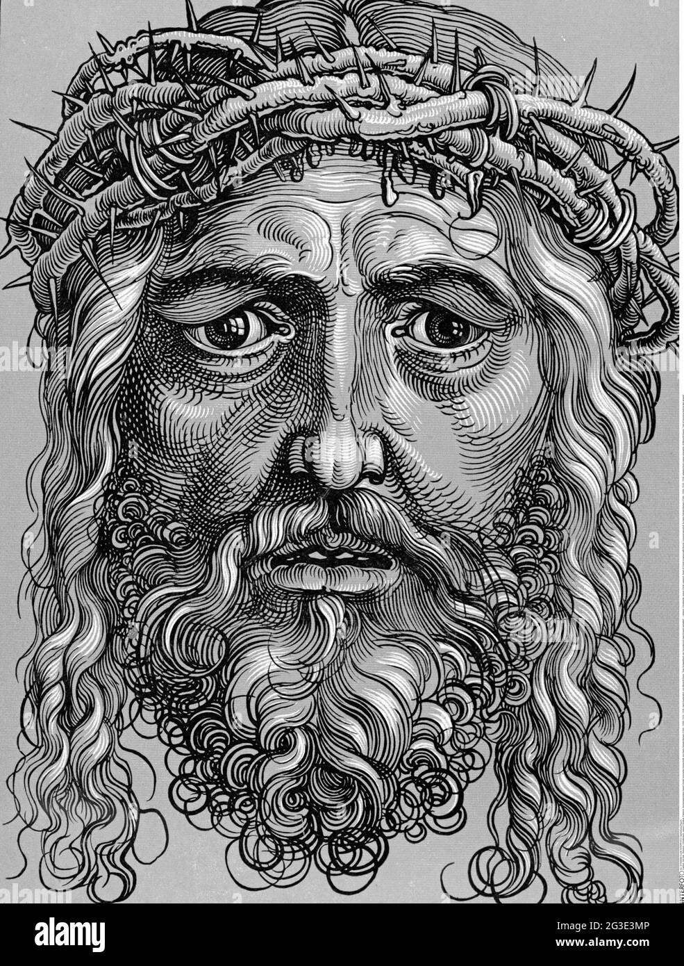 religion, Christianity, Jesus Christ, passion, head of Christ crowned with thorns, coloured woodcut, ARTIST'S COPYRIGHT HAS NOT TO BE CLEARED Stock Photo