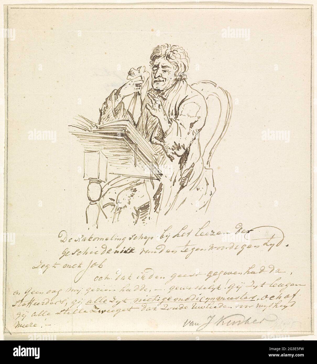Examining reading over the history of the present time, 1796; The offspring  at the readers of the history of the present time. Cartoon of a man (our  offspring) that, when reading the, image size:1210x1390