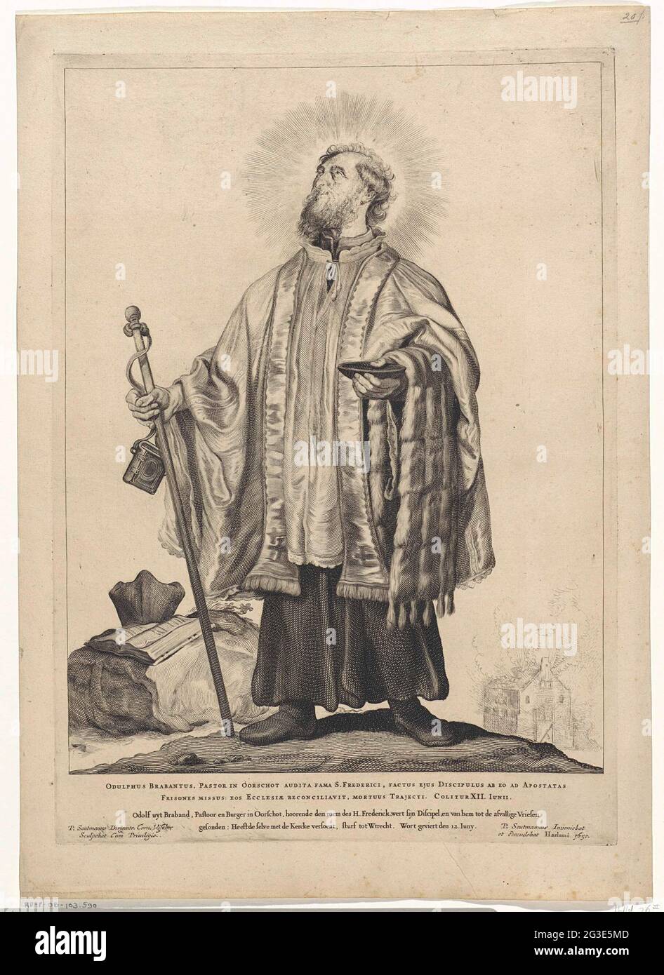 H. Odulphus van Brabant; Dutch Saints. The Sacred Odulthus depicted as a  canon with tunic, albe and a baptismal scale. On the ground is a brevier  and his bonnet. In his hand
