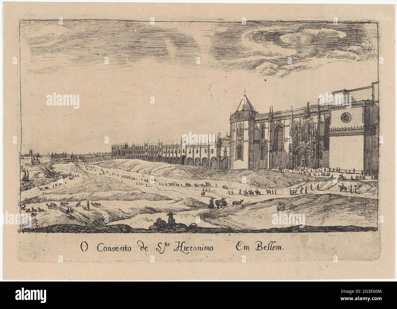 View of the Hieronymus monastery in Lisbon; O Convento the sto hereonimo em bellem; Faces on Lisbon. View of the Hieronymus monastery in the Belém district in Lisbon. On the road figures and carriages. On the left the river tagus. Stock Photo