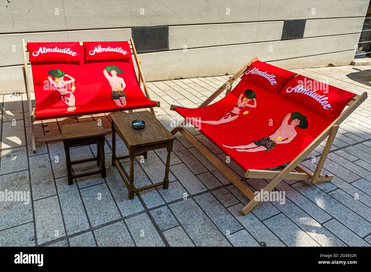 Double deck chairs with Almdudler decoration in Luxembourg Stock Photo