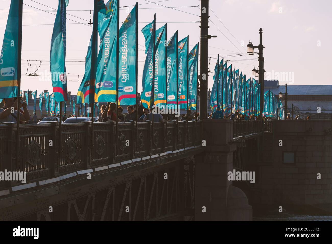 Saint-Petersburg, Russia - June 12, 2021: Flags with the symbols of the football championship 'Euro 2020' are installed on flagpoles Stock Photo