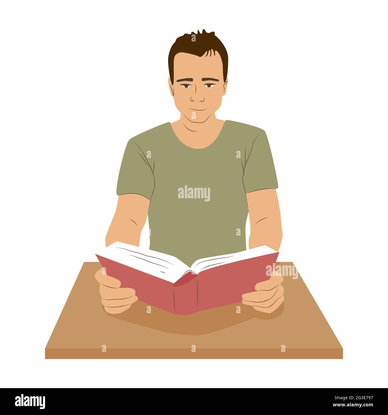 Man sitting at a desk and read book . Education and self-development hobby concept. Lesson in school, study at home vector illustration Stock Vector