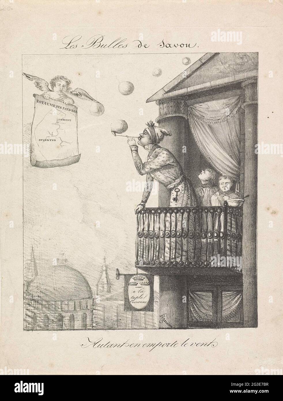 Cartoon on the papal bulls against the appointment of so-called Jansenists bishops, 1825; Les Bulles De Savon / Autant and Emporte Le Vent. Cartoon on the papal bulls against the appointment of the so-called Jansenists Bishops Wilhelmus Vet in Deventer and Johannes van Santen in Utrecht in 1825. A man in the dresser blows from his balcony in Rome soap bubbles in the air. In the sky an angel blows with a map of the Netherlands, on which only Utrecht and Deventer are indicated, the soap bubbles returned. Stock Photo