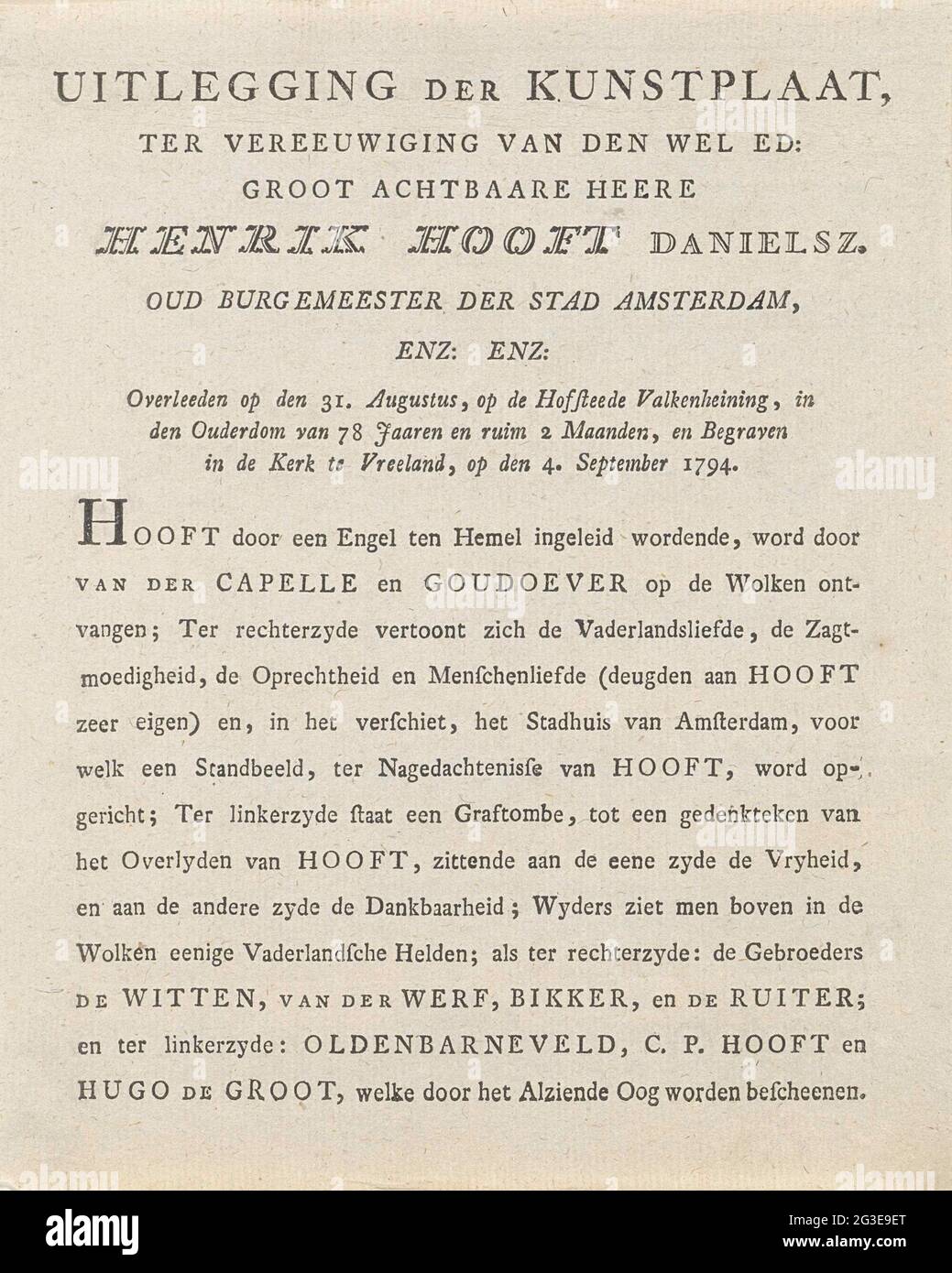 Declaration of the Print of Hendrik Hooft Danielsz., 1794; Explanation of the artplaat, to immortalize, etc.: Great birthday Lord Henrik Hooft Danielsz .. Text sheet with an explanation of the presentation of a print in which Hendrik Hooft Danielsz., Former mayor of Amsterdam and died on August 31, in heaven included. Without the corresponding print. Stock Photo