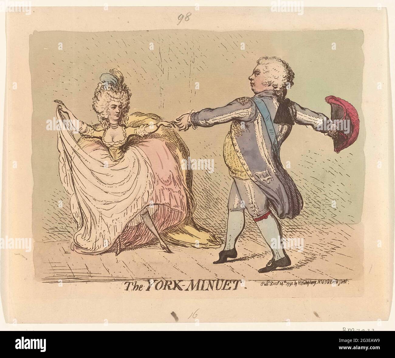 Duchess of York and the Prince of Wales Dancing a Menuet, 1791; The York Minuet. Cartoon in which the Duchess of York and the Prince of Wales together dance a menuet, 1791. Stock Photo