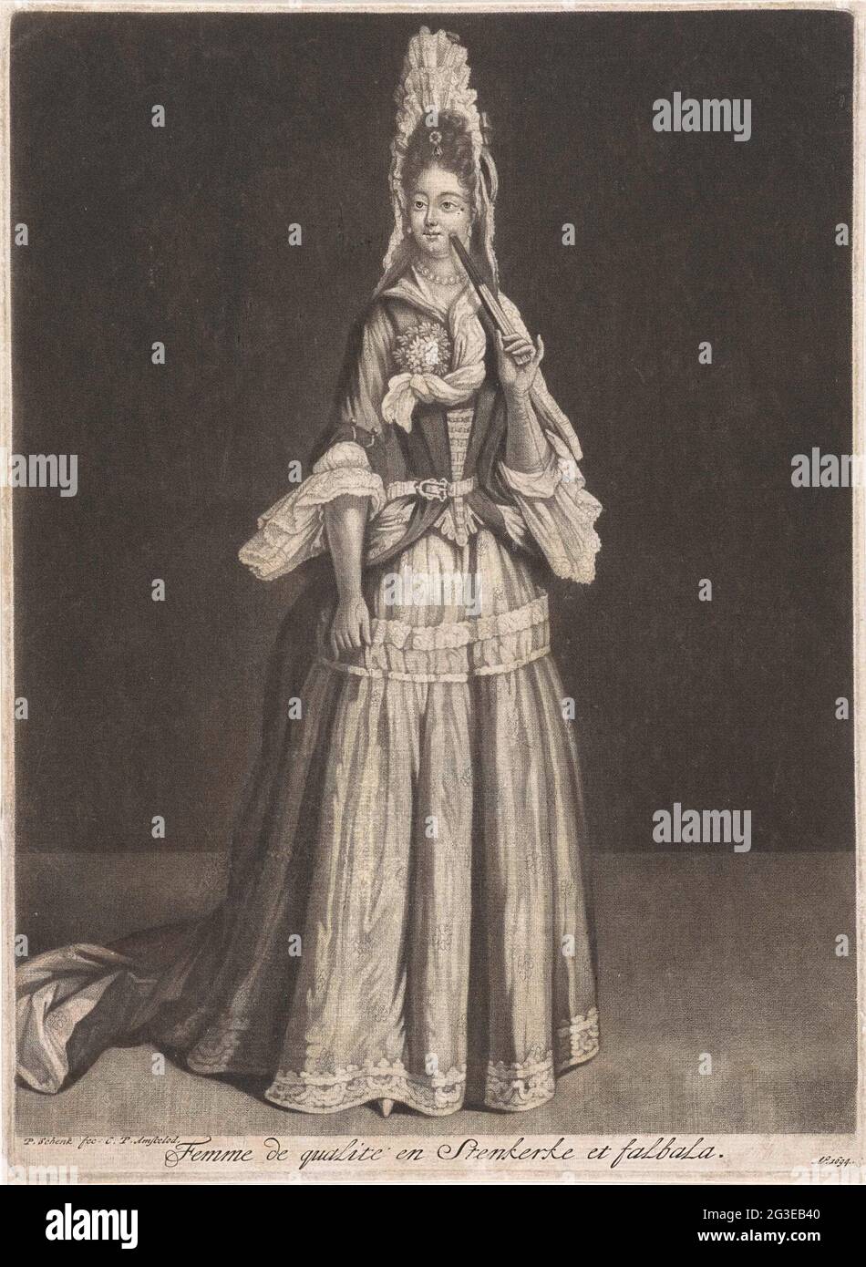 Woman with a range and stincered tie; Femme de Qualité and Stenkerke et  Falbala. Standing woman with a range in hand. She is dressed according to  fashion from the end of 17th