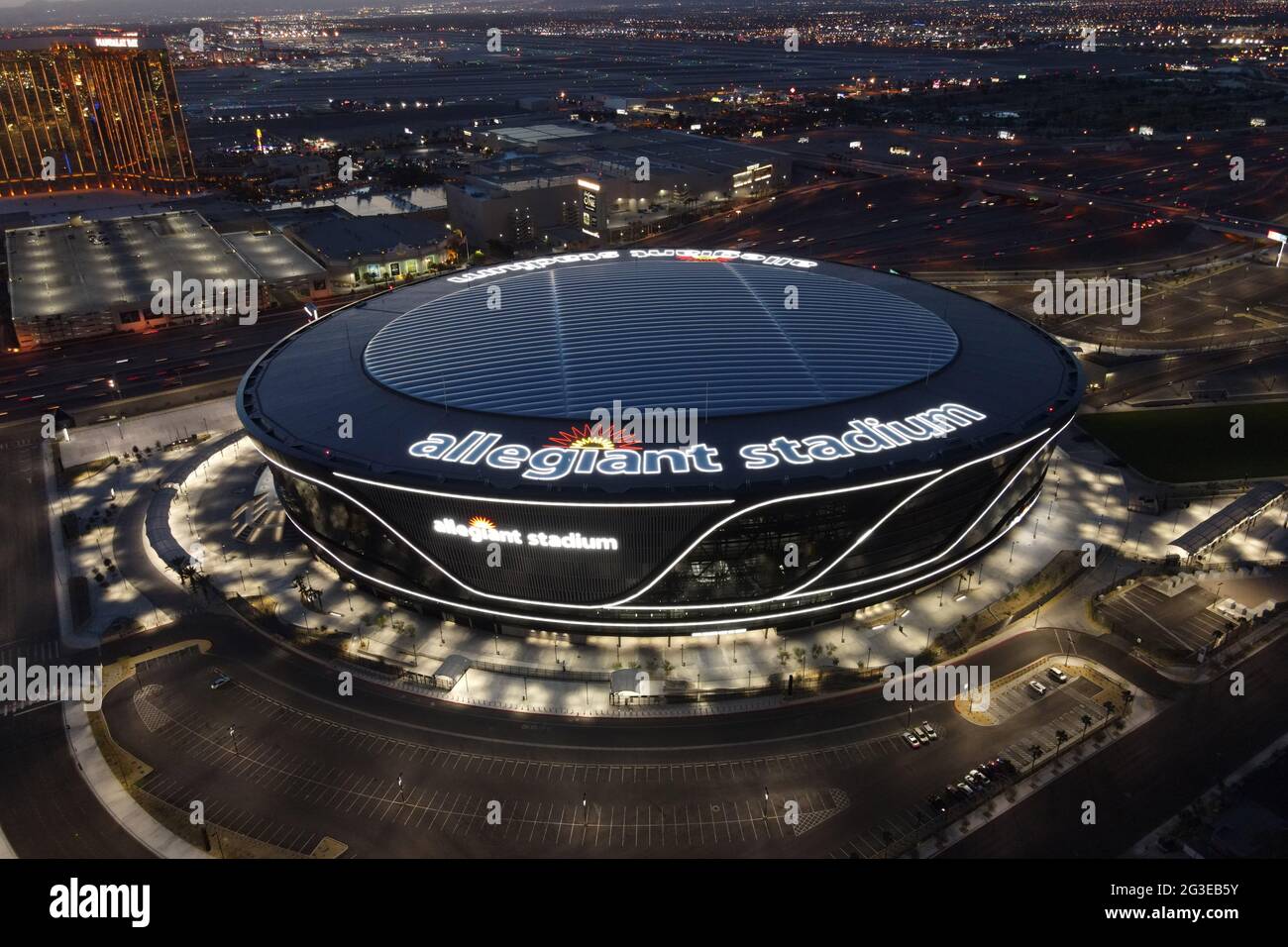 An aerial view of Allegiant Stadium, Monday, March 8, 2021, in Las Vegas. The stadium is the home of the Las Vegas Raiders and the UNLV Rebels. Stock Photo