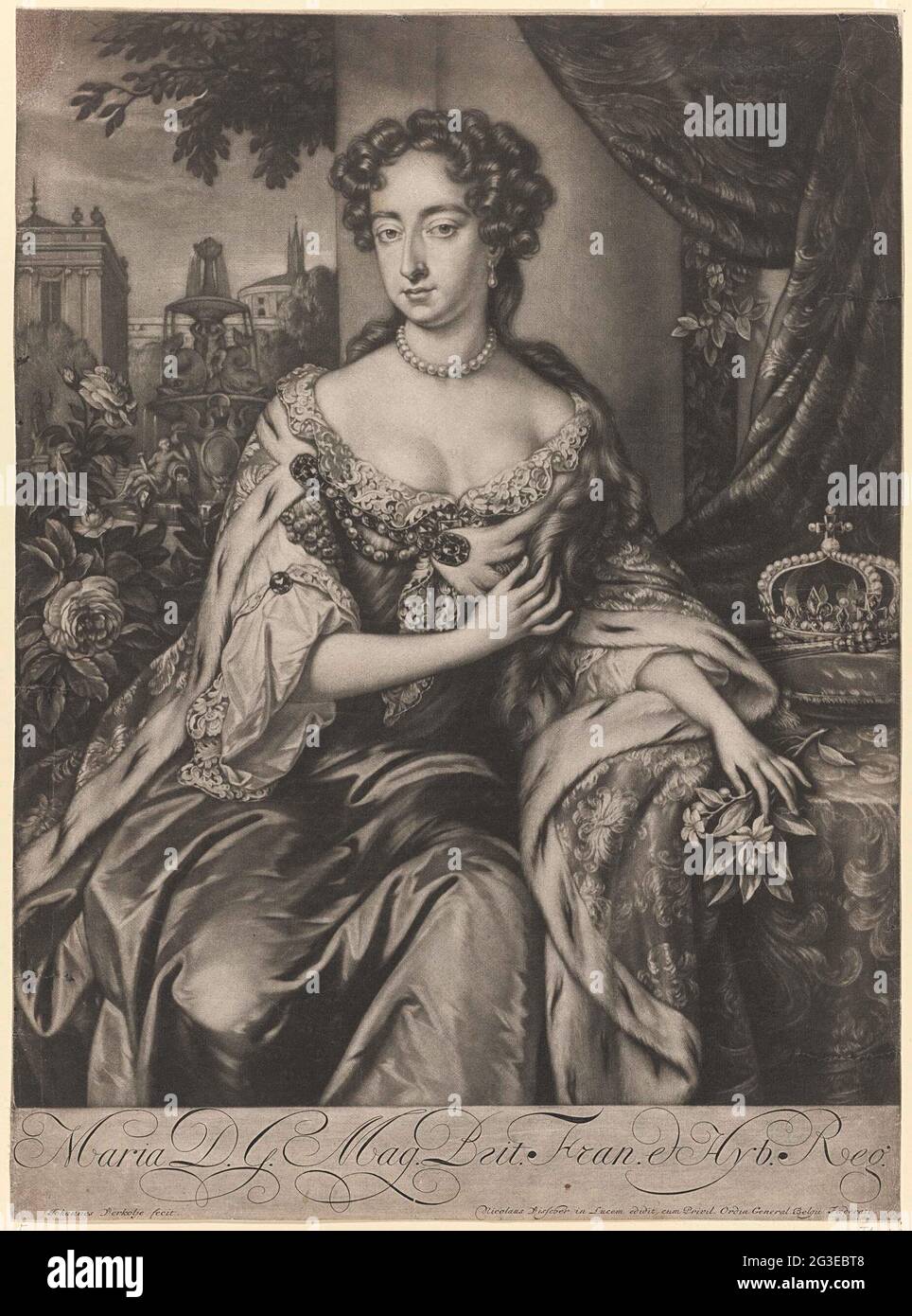 Portrait of Maria II Stuart. Portrait of Maria II. She is sitting next to a table with a crown and a scepter on it. In the undermaster her name and titles. Stock Photo