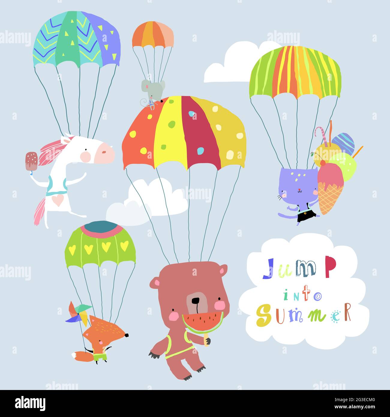 Happy Animals flying with Colorful Parachutes in the Sky Stock Vector