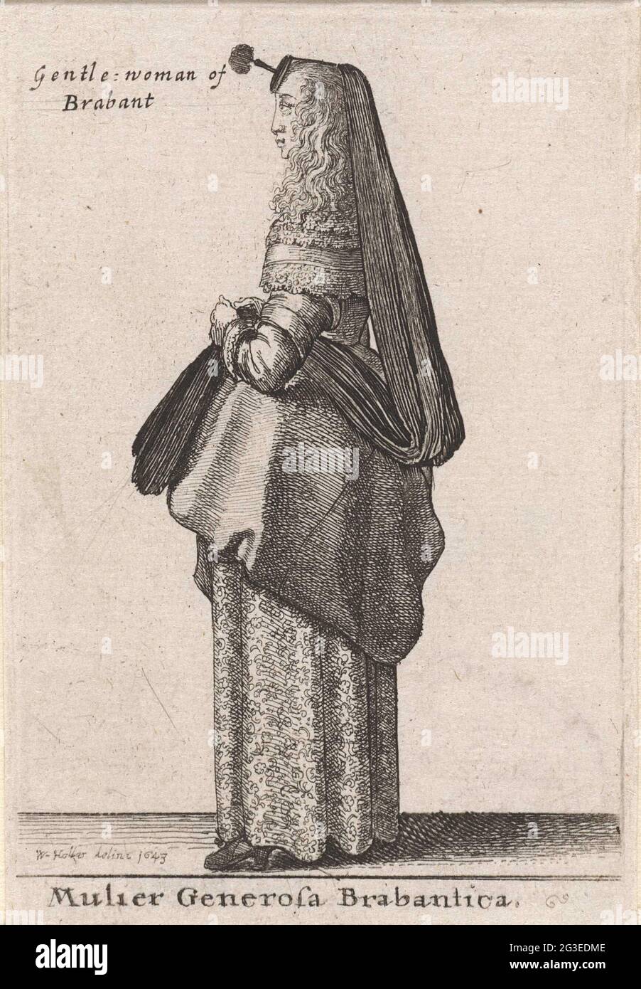 Mulier Generosa Brabantica / Gentle Woman or Brabant; Theatrum Mechanic; European women in traditional costume. Woman from Brabant, in profile to the left, with long hair on the shoulders. Shoulder collar with lace and a long veil (hood ??) with 'Houpette' on the head. The derring has been suspended into knee height, so that the insert is visible. Shoes with heels. Stock Photo