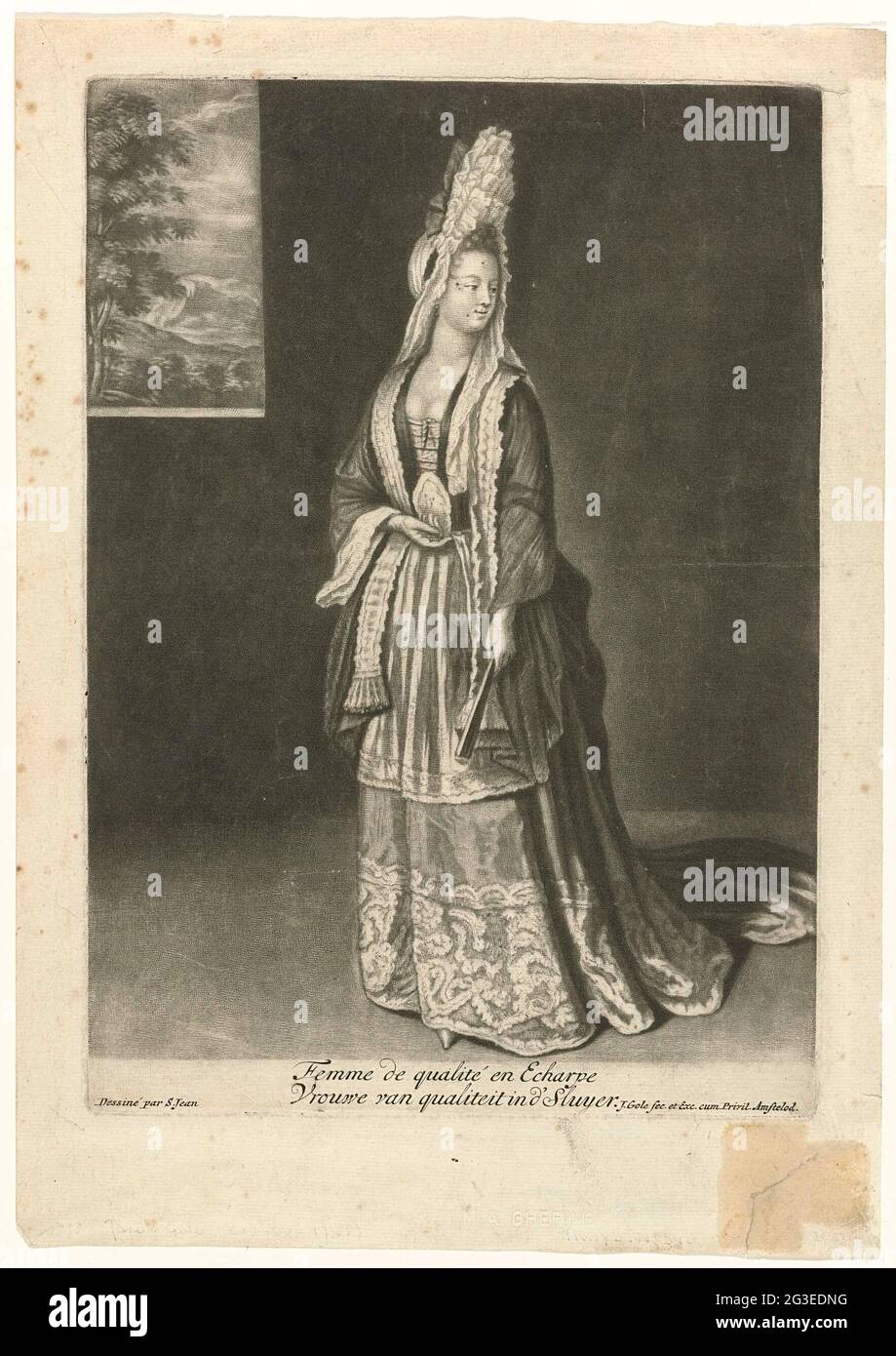 Femme the Qualité and Echarpe / Lady of Quality in D'Sluoyer; Leading woman  dressed in a manteau with trail and decorative apron. Leading woman dressed  in a manteau with trail and engagantes.
