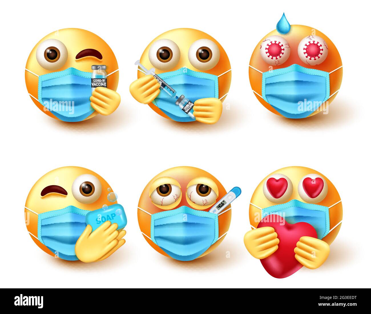 Emoji covid19 vector set. Emoticon 3d emojis in safety guidelines like