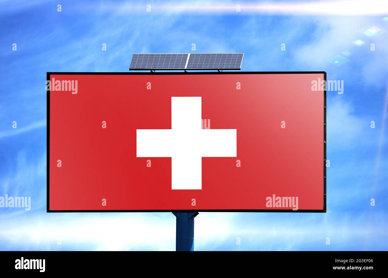 Billboard with Switzerland flag and solar battery on blue sky background  Stock Photo - Alamy