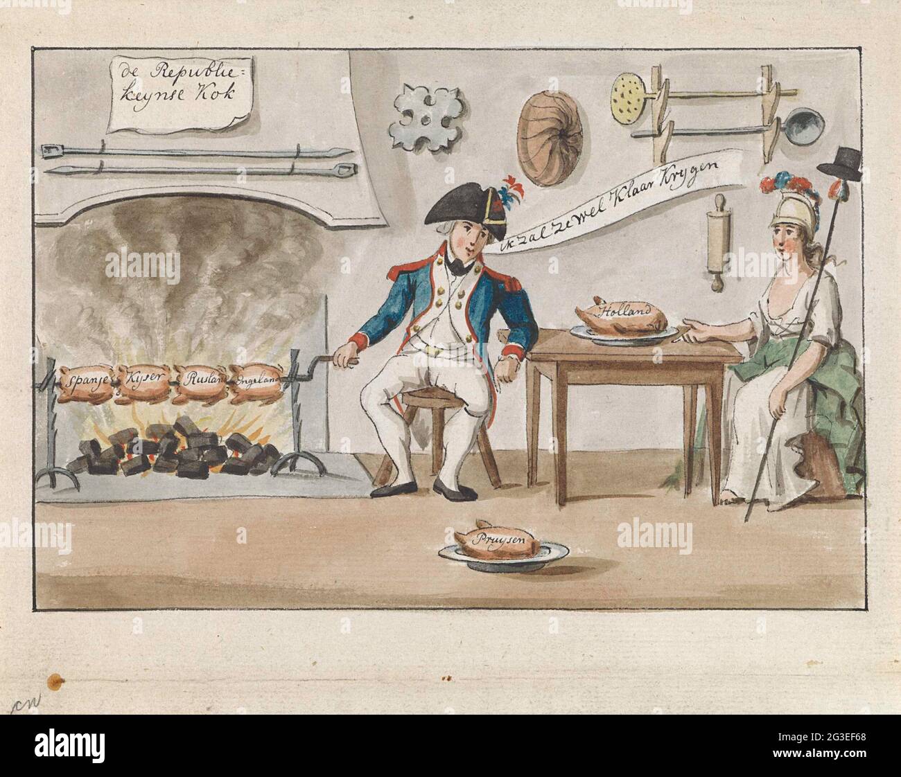 Republicin cook roasts European countries, 1795; The Republiezy cook. Cartoon with a kitchen in which a French soldier in uniforms as a cook roasts chickens on a roasting spit above the fire. The chickens are referred to as: Spain, Emperor, Russia and England. The cook says 'I will get them ready.' The chicken named Prussian is on a plate on the floor. On the right is the freedom at the table at the chicken named Holland they want to roast through the cook. Stock Photo
