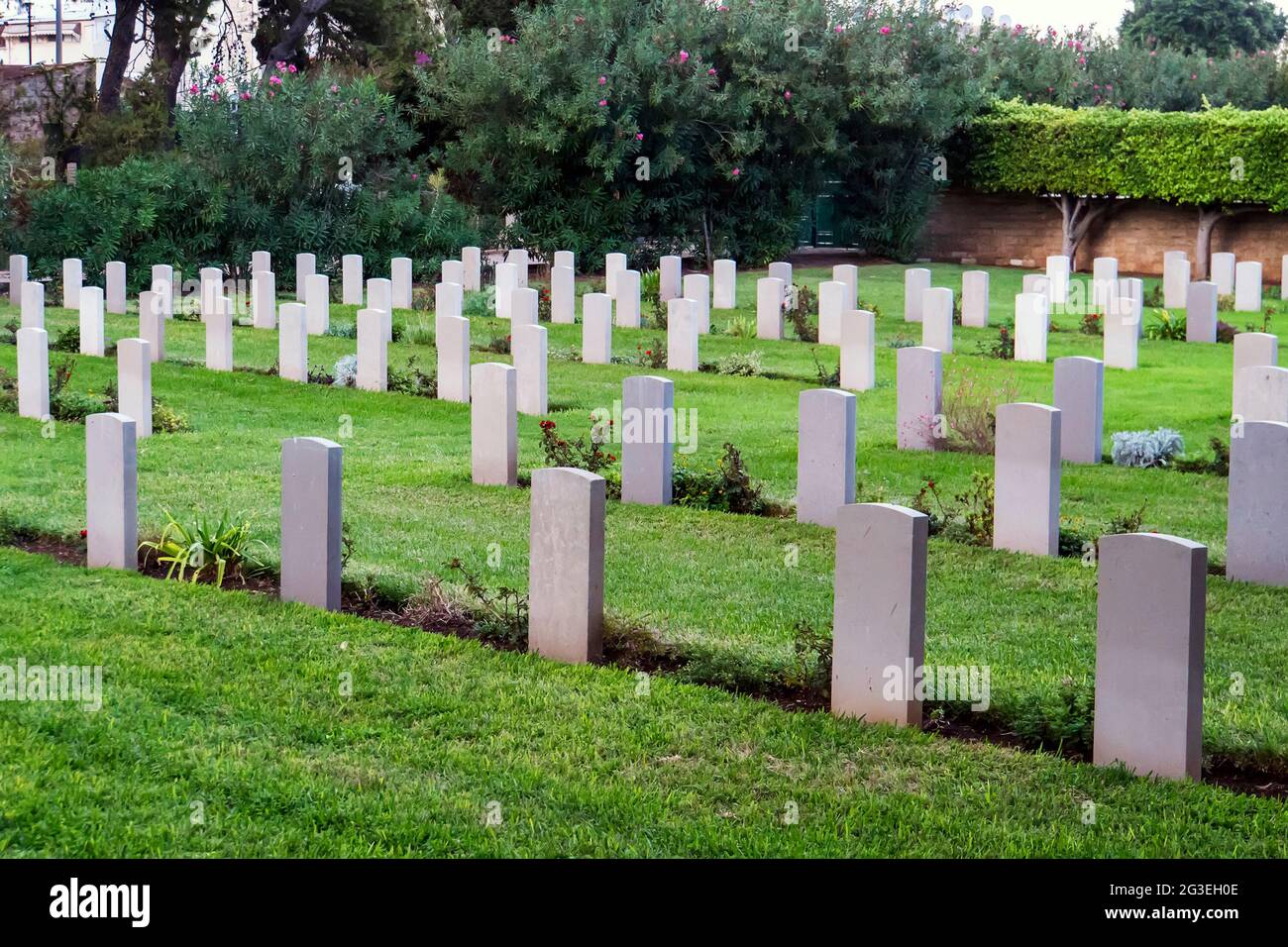 Many white tombstones resting in modern cemetery with lush green grass and green trees. Silence at graveyard with tombstones and flowerbeds. Care of b Stock Photo