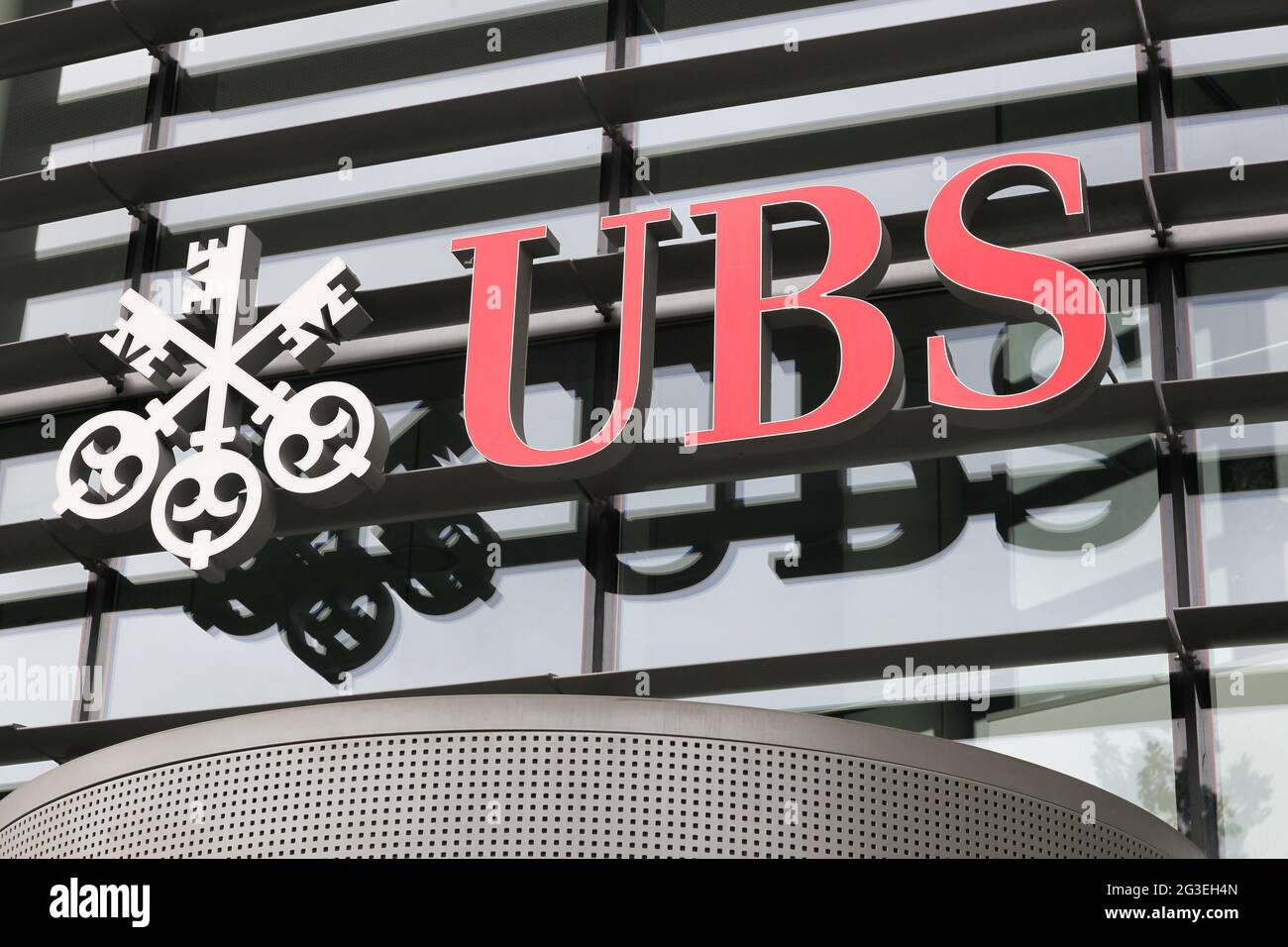 Kirchberg, Luxembourg - July 1, 2017: UBS sign on a wall. UBS is a Swiss global financial services company. UBS is the largest bank in Switzerland Stock Photo
