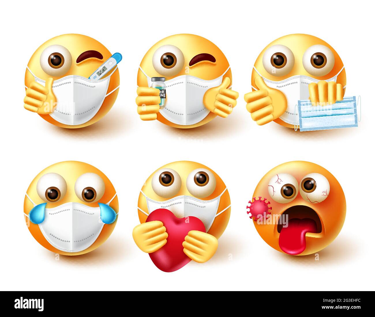 Emoji covid19 vector set. Emoticon character in 3d with face mask