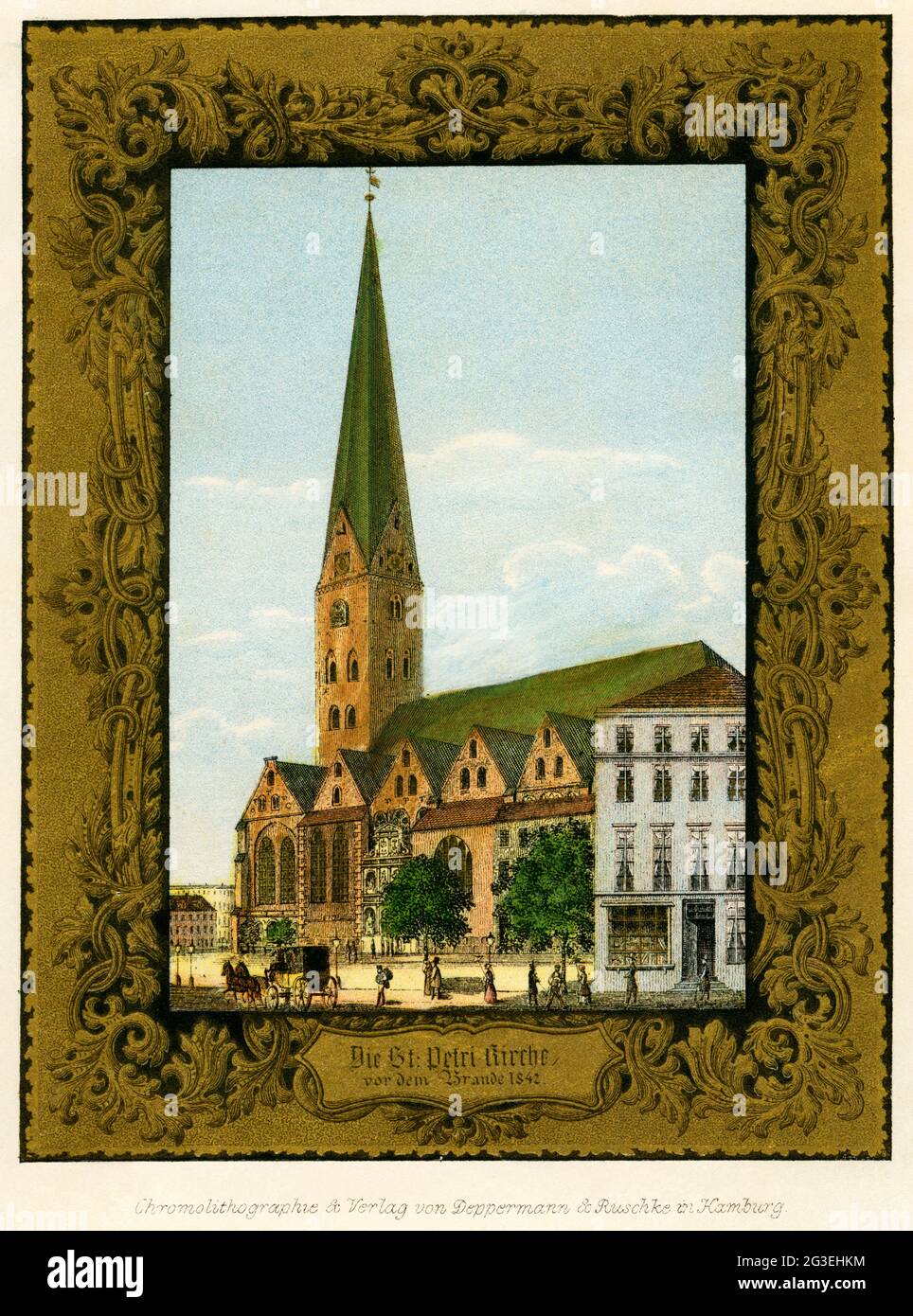 Germany, Hamburg, St. Peter's Church before 1842, coloured lithography by Deppermann & Ruschke, ADDITIONAL-RIGHTS-CLEARANCE-INFO-NOT-AVAILABLE Stock Photo