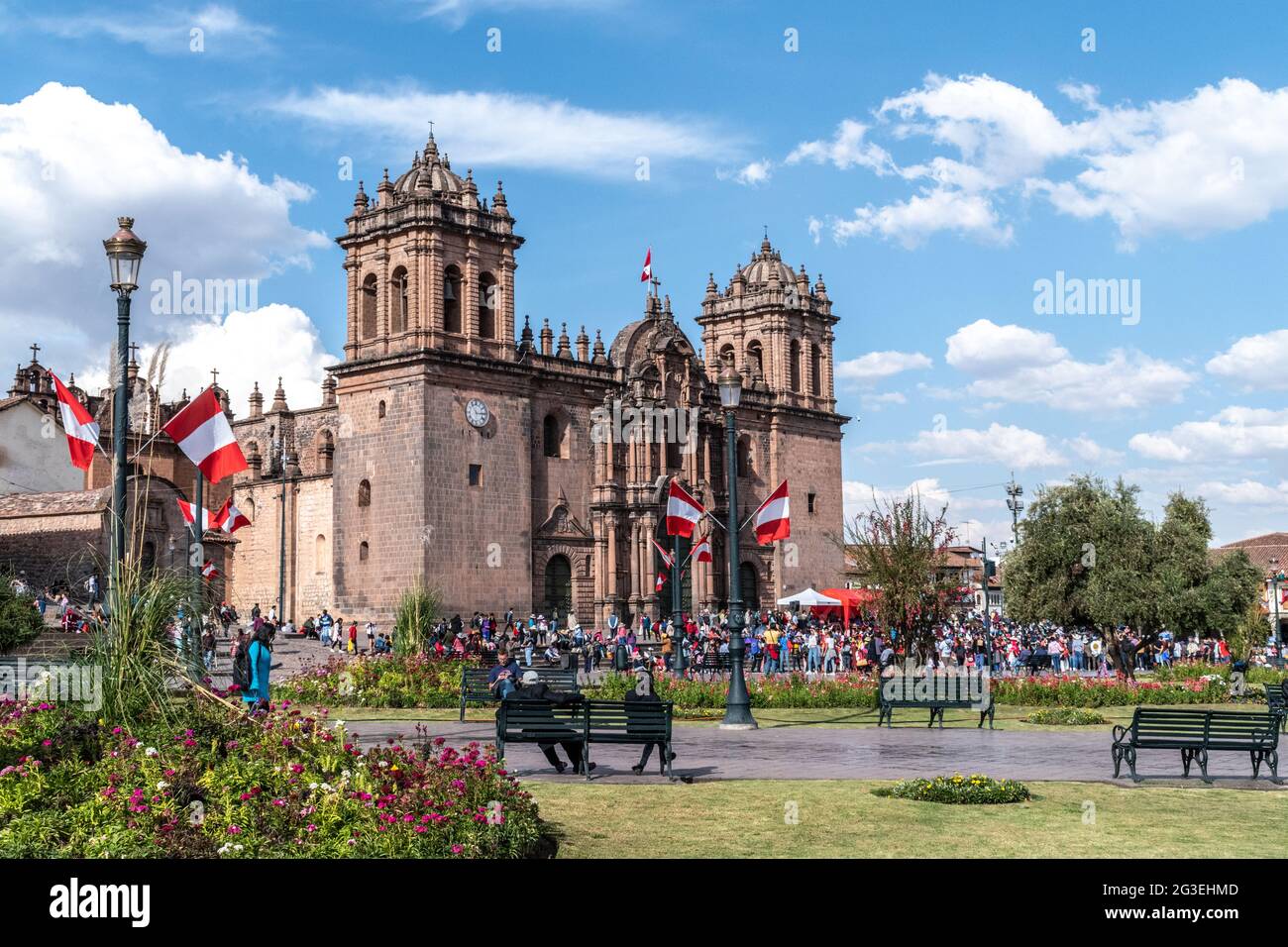 Crowd outside Cathedral Basilica of the Assumption of the Virgin in Cusco, Peru on a festival day Stock Photo