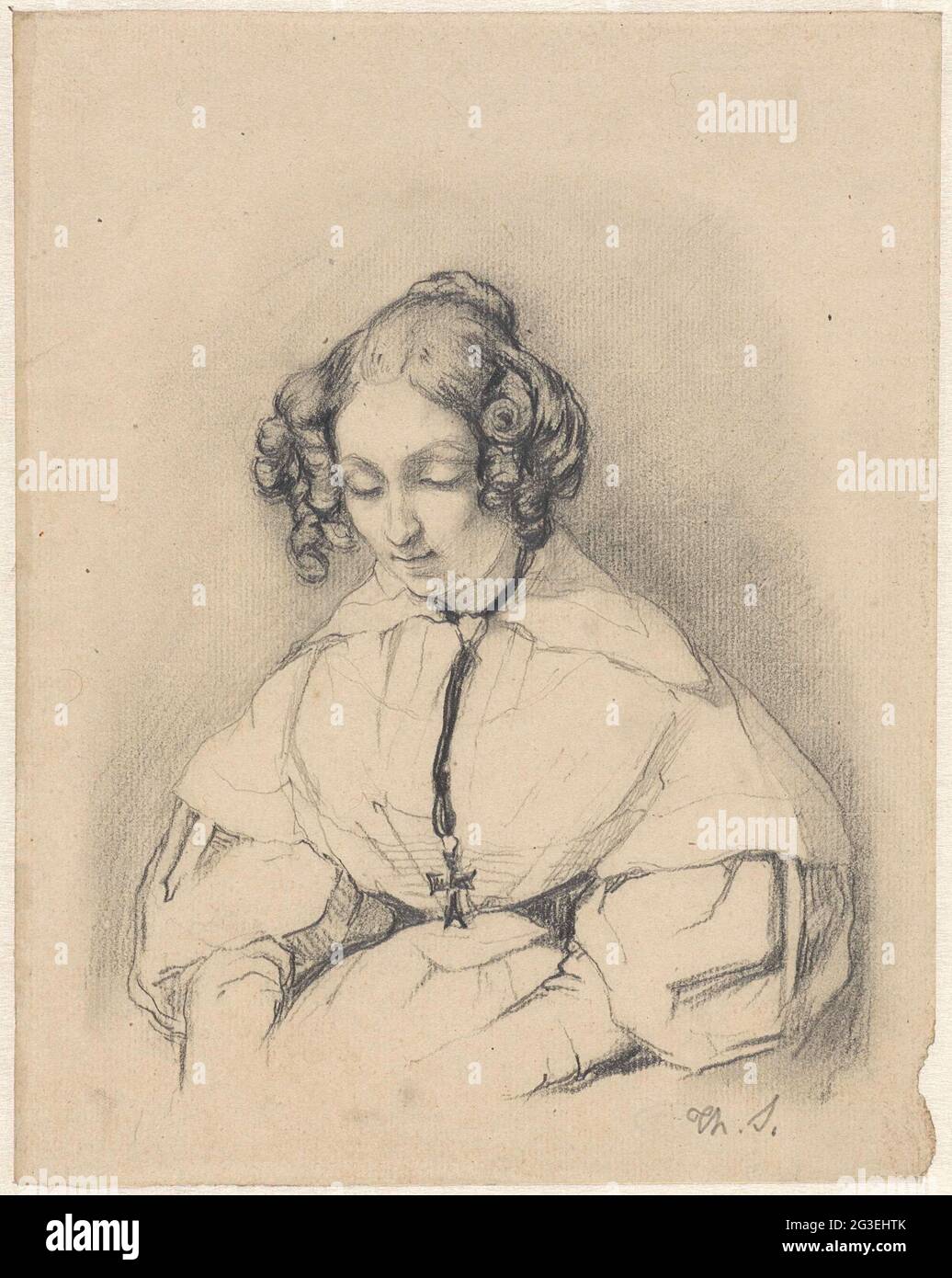 Portrait of a seated woman with the eyes knocked down. . Stock Photo