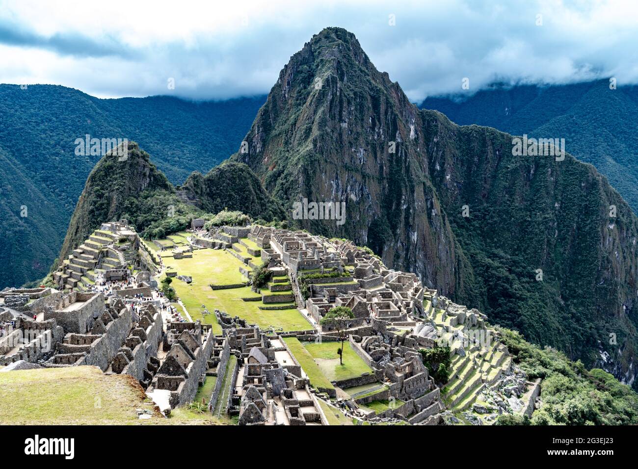The classic view of Machu Picchu archaeological complex, Sacred Valley, Peru against a typical cloudy sky Stock Photo