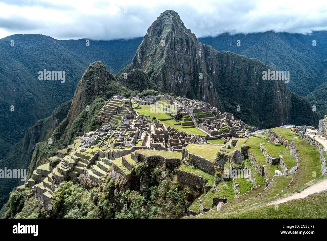 The classic view of Machu Picchu archaeological complex, Sacred Valley, Peru against a typical cloudy sky Stock Photo