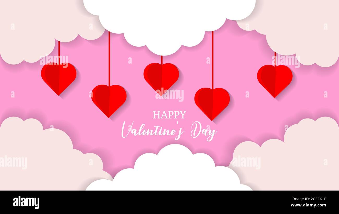 cute Valentines day of paper art design with hanging love and clouds ...