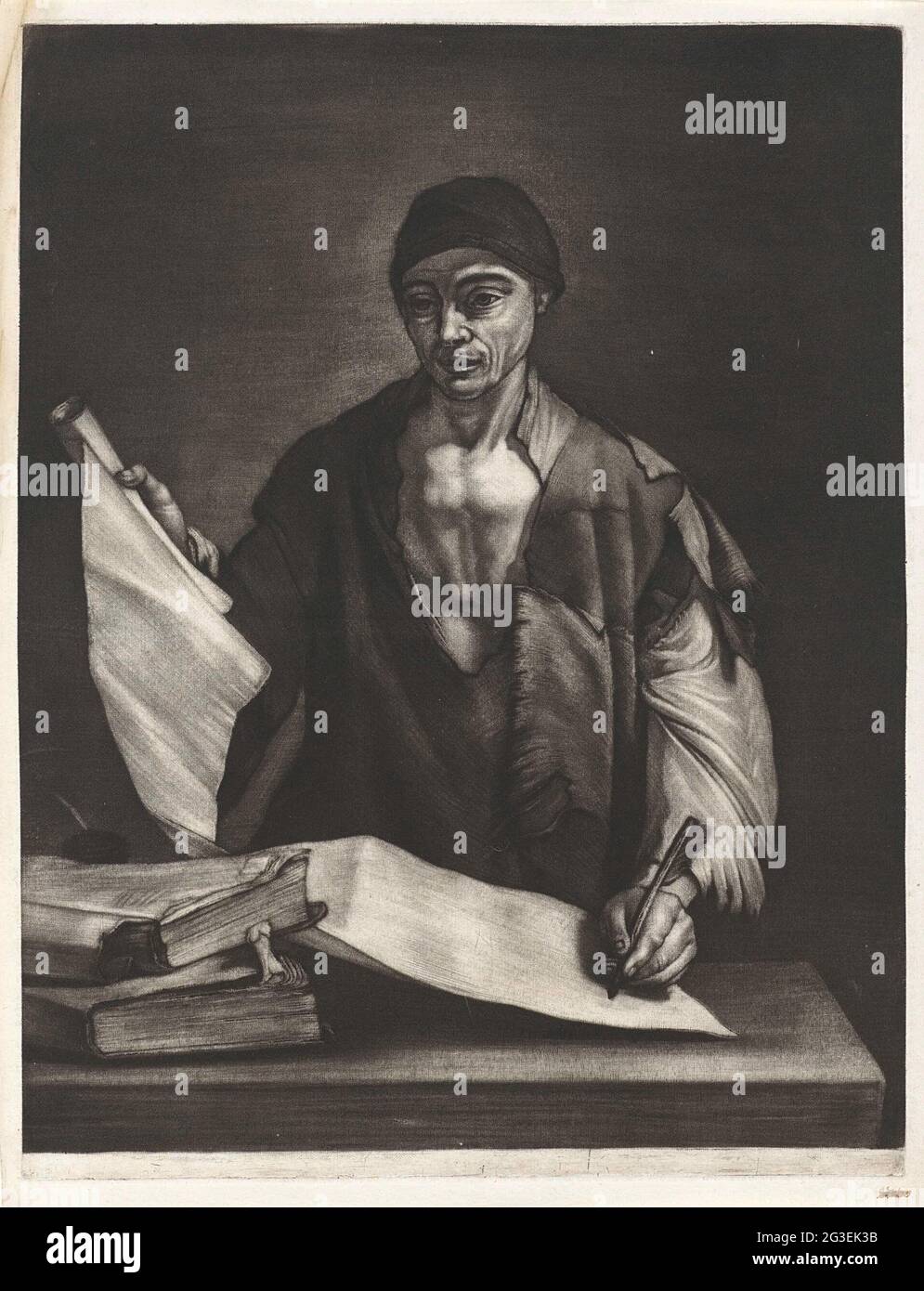 Aristotle writing behind a desk; Philosophers to Spanish examples Stock