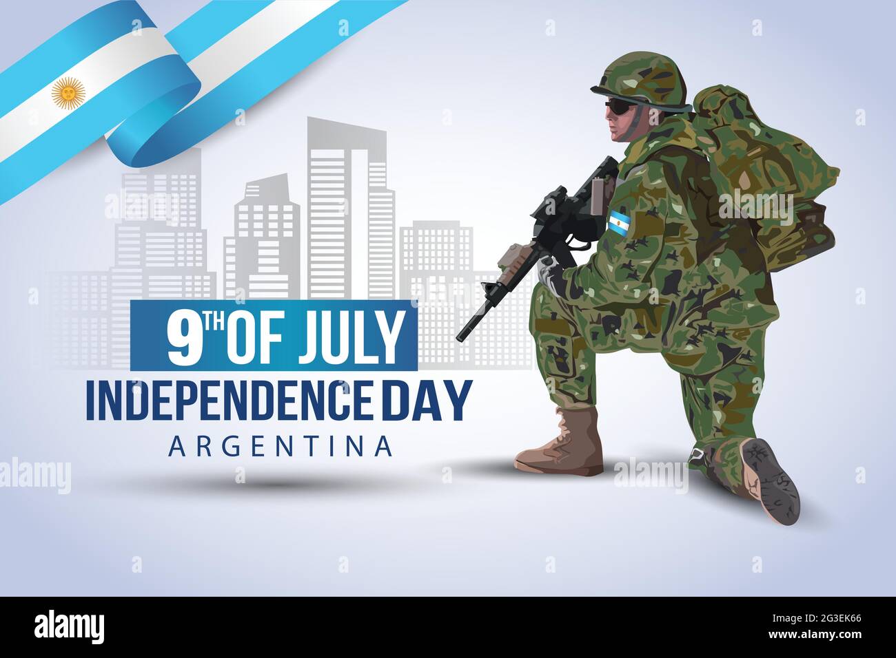 happy independence day Argentina 9th of July background. a soldier with gun and flag. Vector illustration design. Stock Vector
