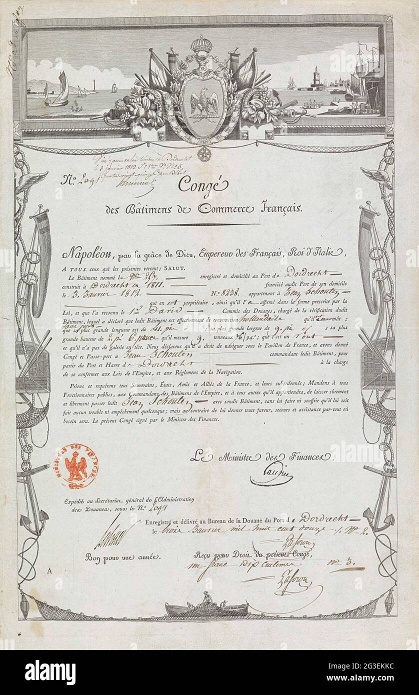 Congé for a vessel from Jan Schouten, 1812; Congé des Bâtiments de Commerce Français. Congé for a merchant boat from Jan Schouten, Reder in Dordrecht. Registered, stamped and signed at Dordrecht on January 13, 1812. Official document with pre-printed text and completed by hand. Within a decorative picture frame with the imperial weapon for a port face, on the sides and down attributes of shipping. Stock Photo