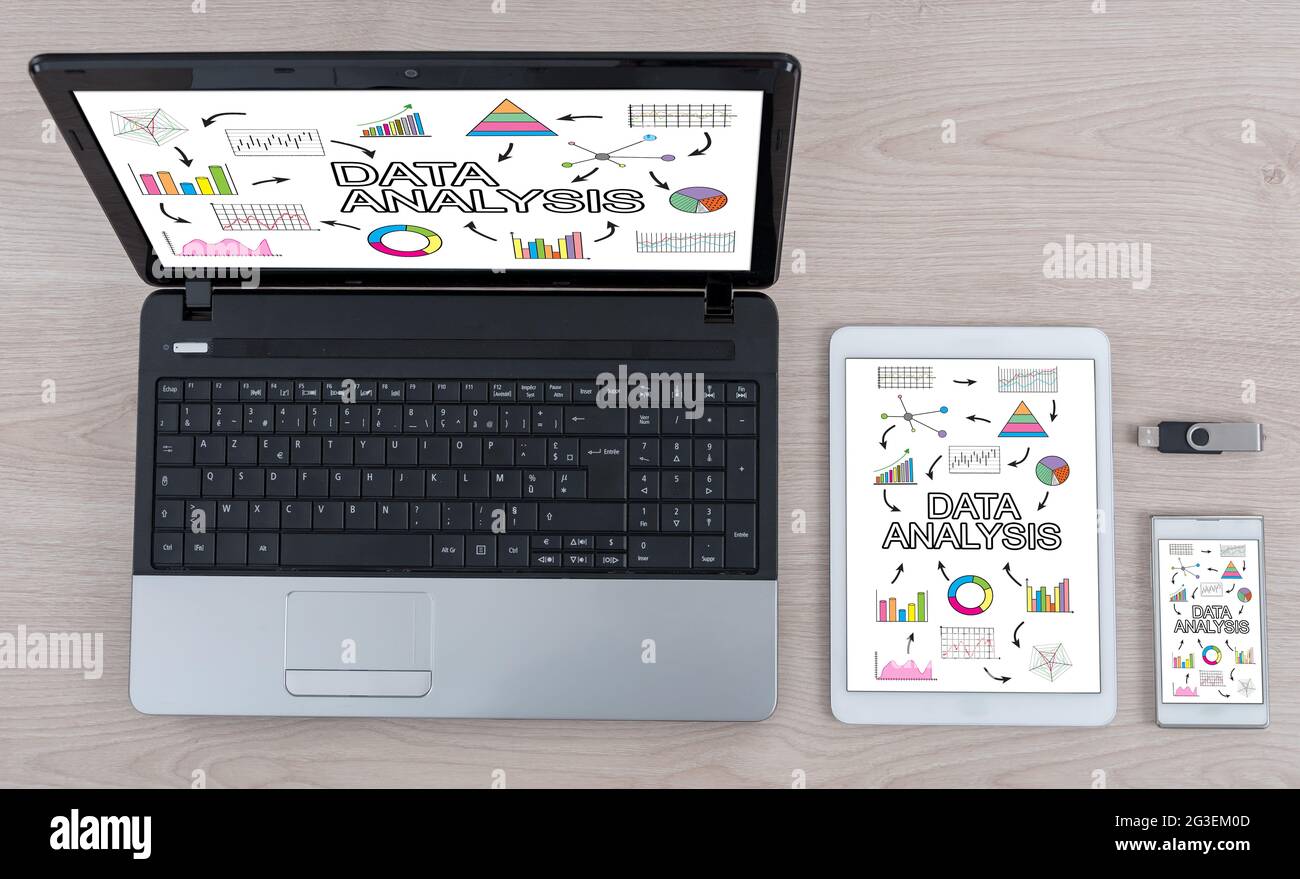 Data analysis concept shown on different information technology devices ...
