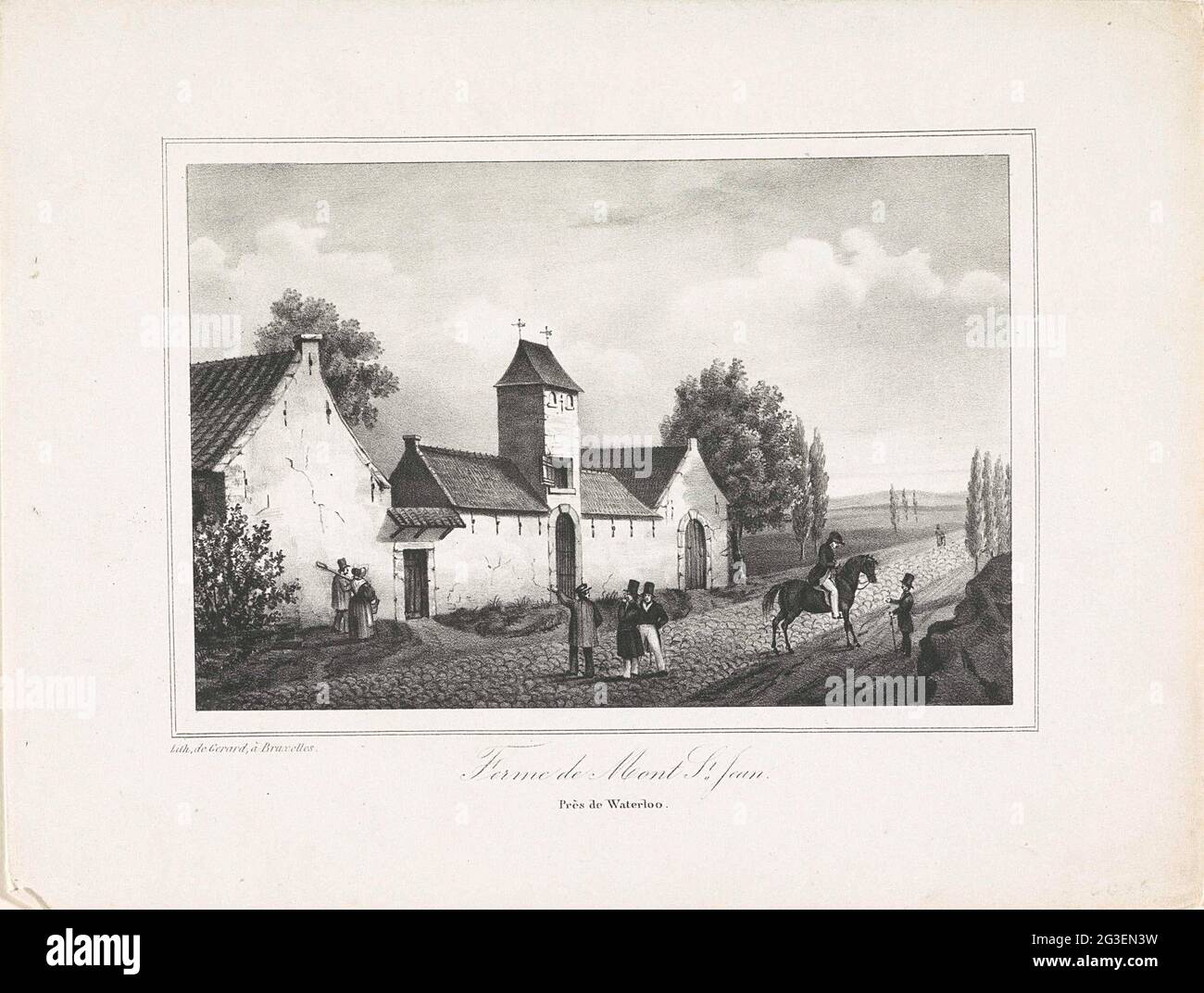 Hoeve in Mont-Saint-Jean; Ferme de Mont St. Jean. Prés de waterloo; Loose  plates from a series of lithographs from the Waterloo area. View of a farm  located on a street in the
