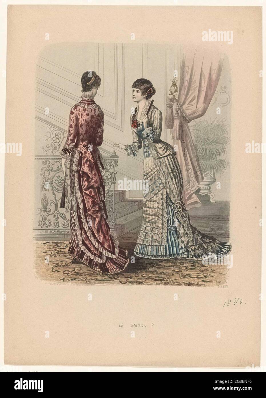 La Saison, Journal illustré des Dames, 1880, No. 626 Object Type : fashion  picture Item number: RP-P-OB-103.552 Inscriptions / Brands: title, bottom  center, wrote: 'LA SAISON? Description: Two women in a theater