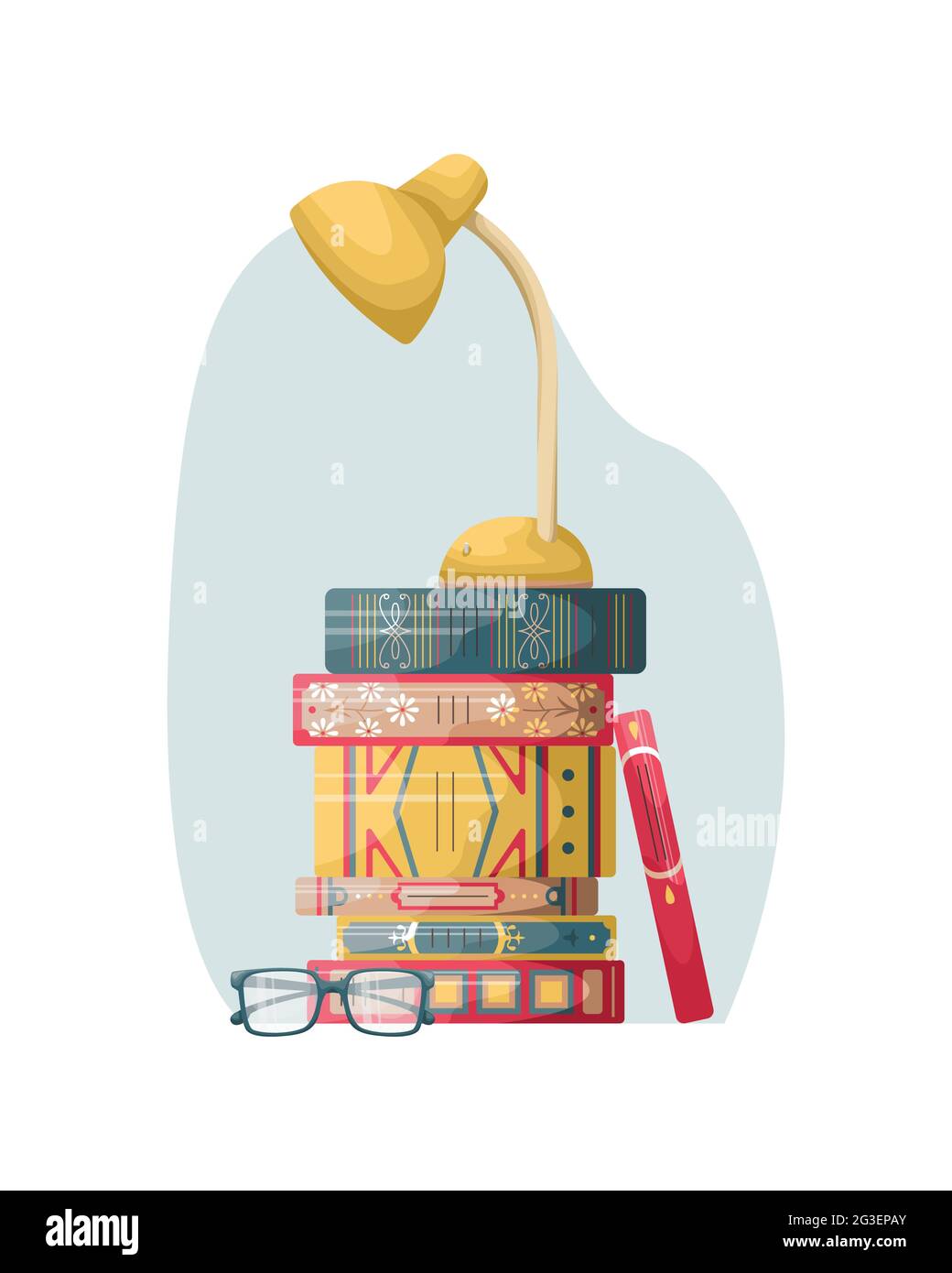 A stack of books on a table with a reading lamp and glasses. Books in ...