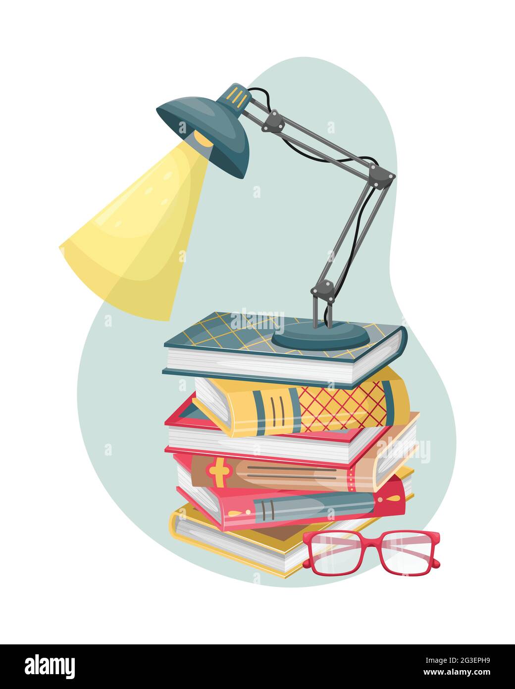 A stack of books on a table with a reading lamp and glasses. Books in ...