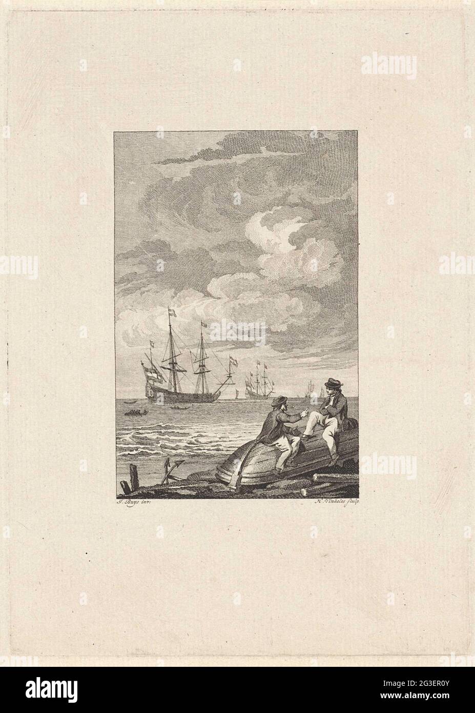 Two men in conversation on a reverse sloop. On the beach two men ...
