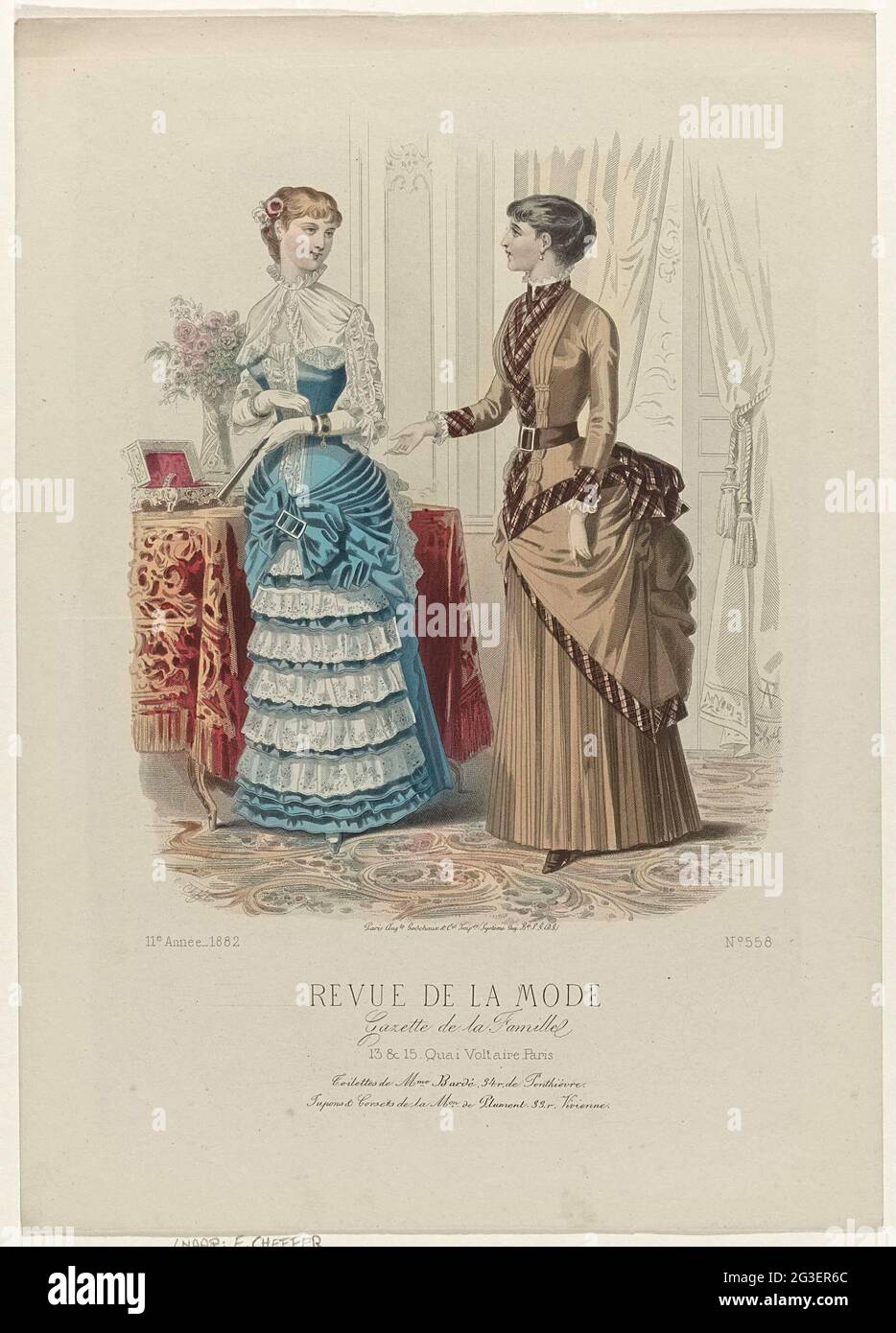 Revue De La Fashion Gazette De La Famille Dimanche 10 Septembre 1882 11th Annee No 558 Toilettes De Mme Barde Two Women At A Table On Which A Jewelry Box Dressed