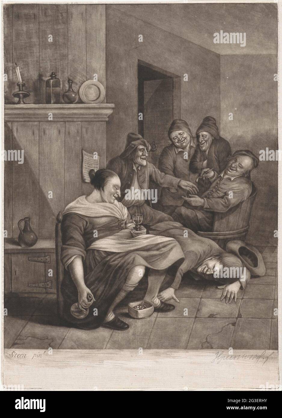 Inn scene with a farmer trying to look under the skirt of a woman. In a  inn, a farmer, lying on the ground, is looking at a woman's skirt. She  drinks a