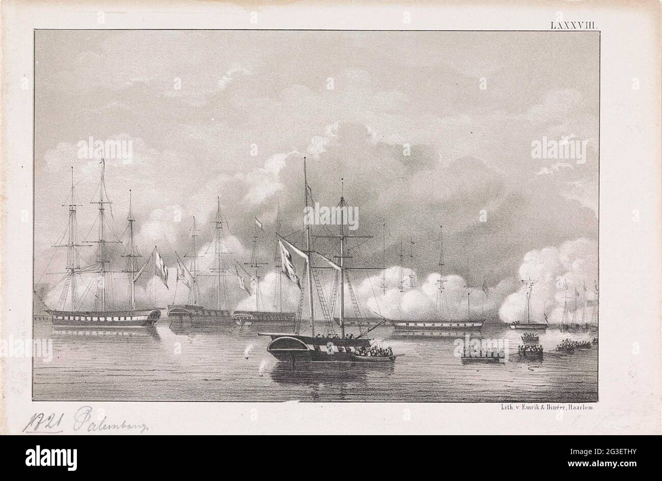 Victory over Palembang, 1821. Shooting of the coastal batteries located