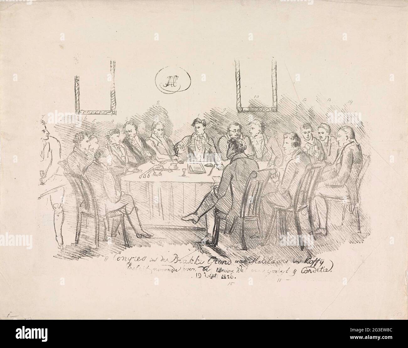 Meeting of coffee brackers in the brackish land in Amsterdam, 1820; Congress in the brackish land of real estate agents in Koffij, concluding about the new law of widens and condition, 19 Sept. 1820. Meaters meeting in Coffee in the Herberg de Brakke Grond at NES in Amsterdam on September 19, 1820. A group of men sitting around a table. Central to the chairman Sam. Voûte, left from him the draftsman J.A. Heintzen Jr. The people depicted with pencil numbered 1-15, at the print a piece of paper with a legend with the corresponding names. Stock Photo