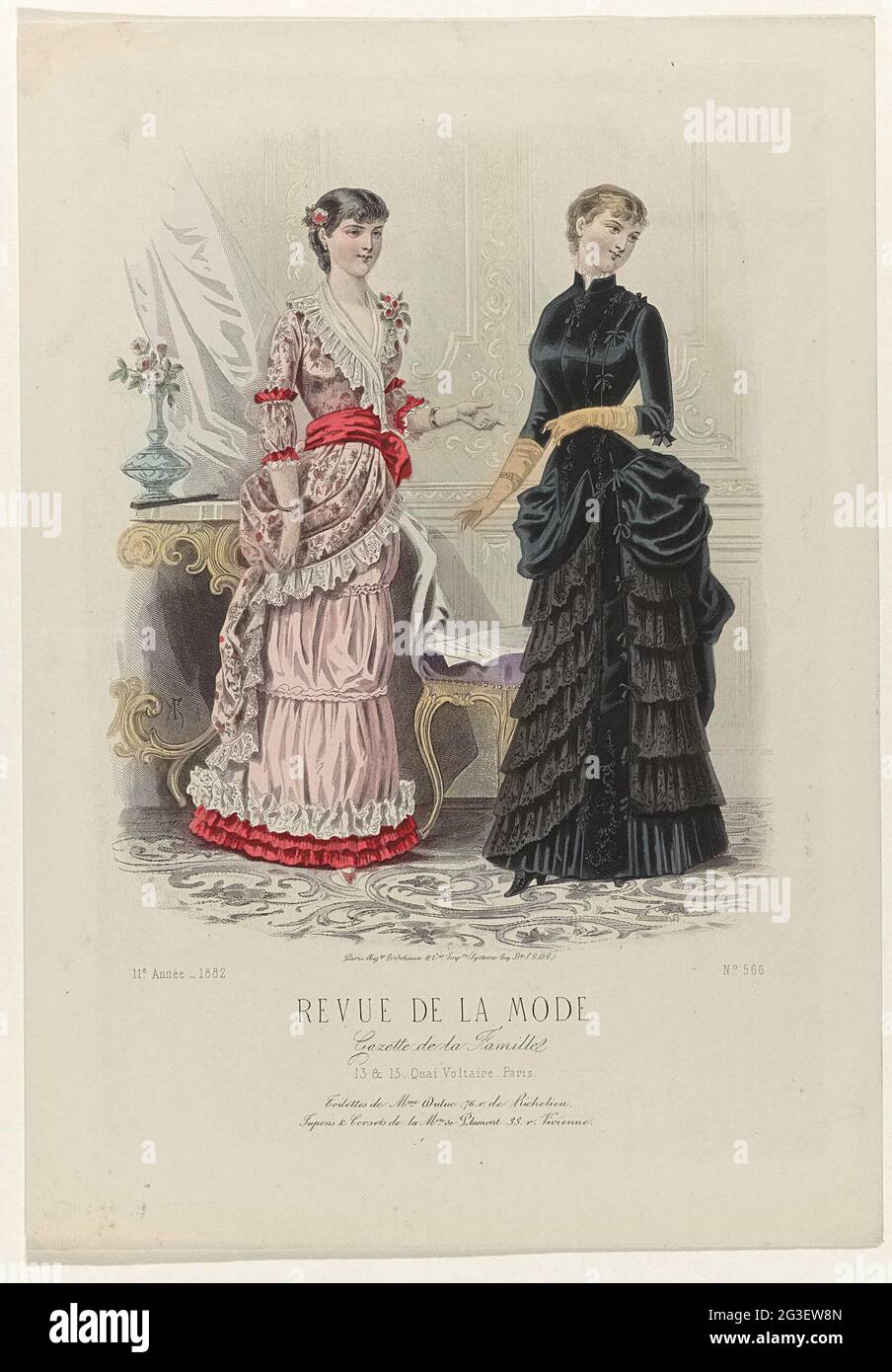 Revue de la fashion, Gazette de la Famille, Dimanche 5 Novembre 1882, 11th  Année, No. 566: Toilettes De Mme Duluc (...). Two women in an interior, in  jagons of Duluc. Left: 'Toilette'