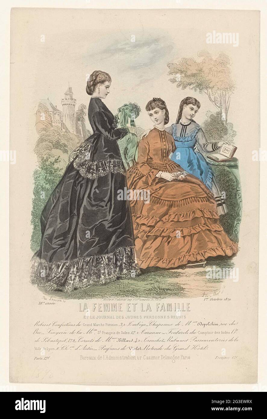 La Femme et La Famille et le Journal des Jeunes Personnes Reunis, 1 Octobre  1870, 38th Année: Robes et confects (...). Two women and a girl in a  garden. According to the