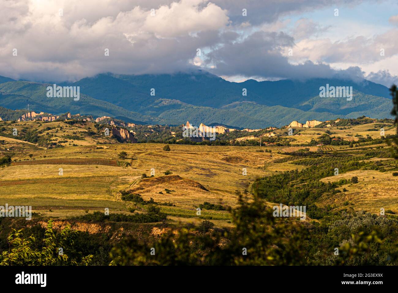 Melnik Earth Pyramids seen from Zornitza Family Estate. Lozenitsa, Bulgaria Stock Photo