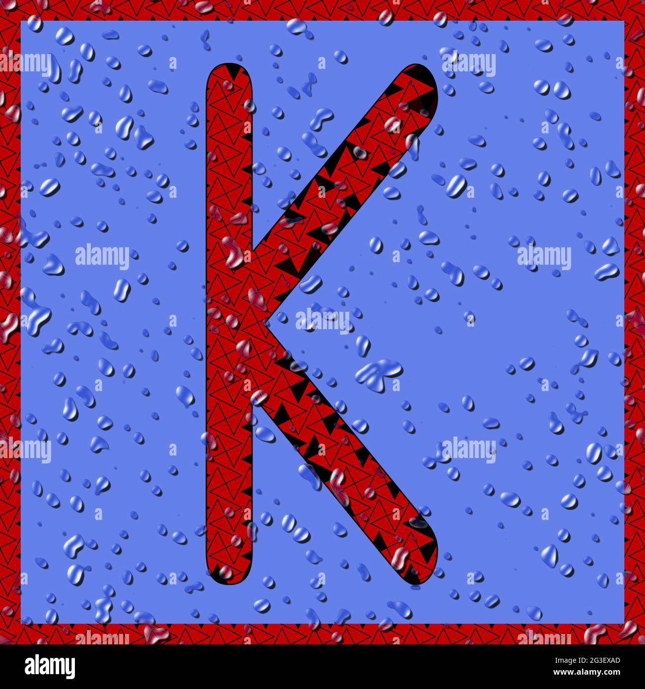 graphic with the OCR uppercase character K as red monogram with blue water drops Stock Photo