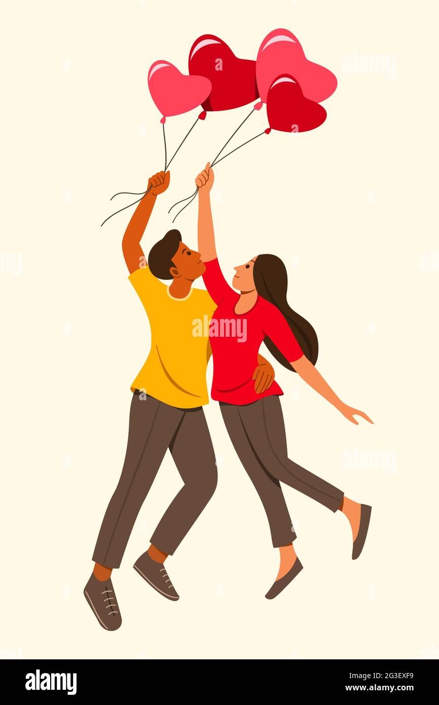 The Lover Man and Woman Hold the Heart Shaped Balloon to Floating Stock ...