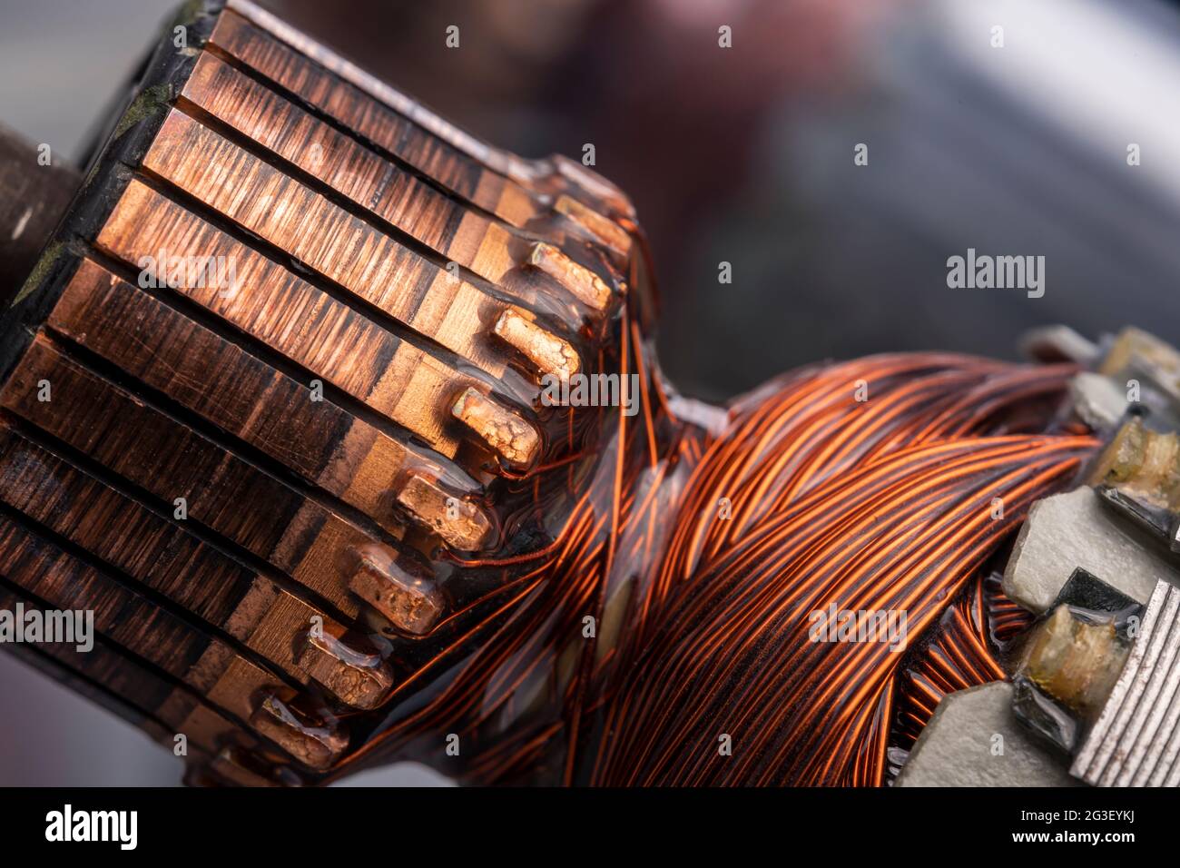 Copper commutator bar of the electric motor close up. Electric motor